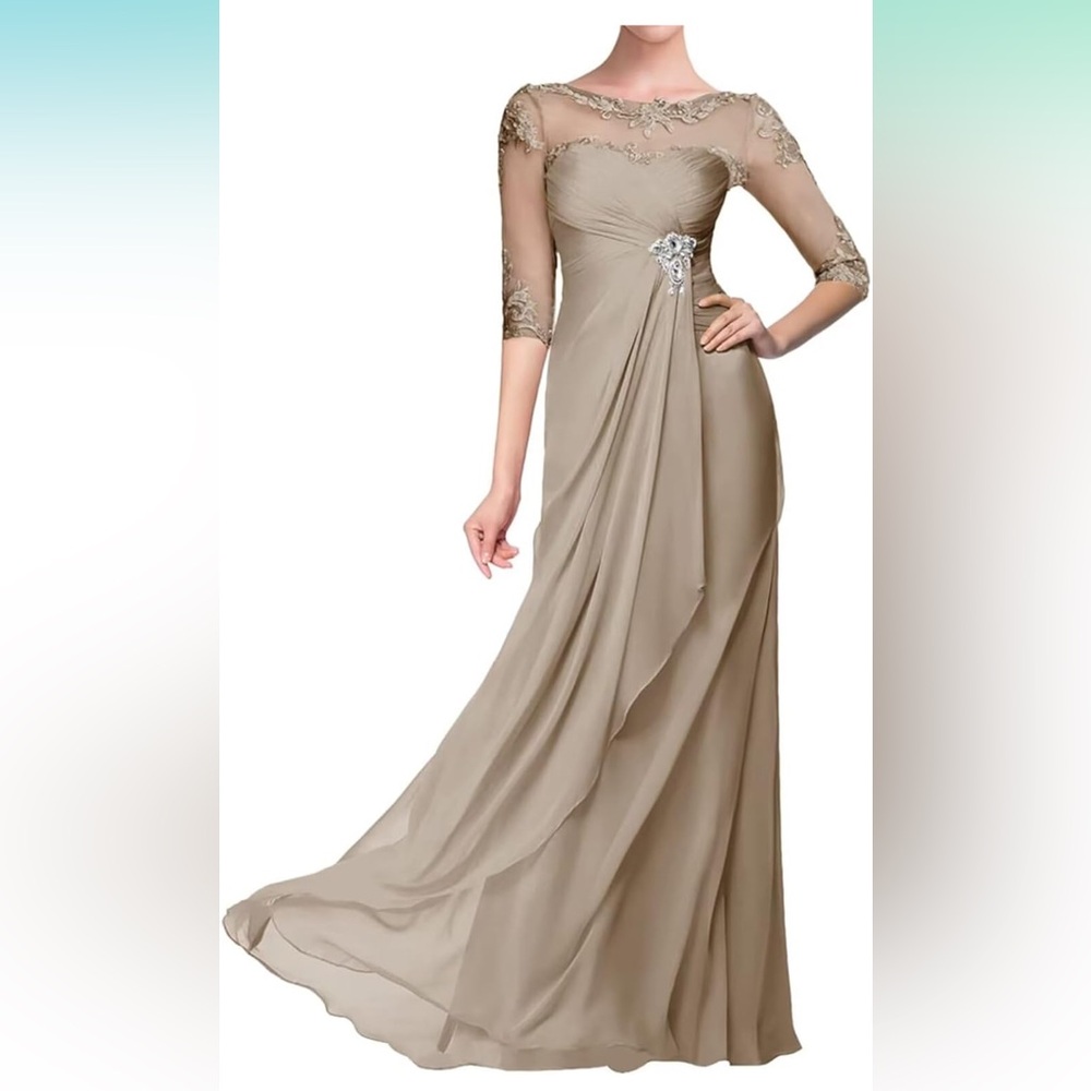 NWT Women's Chiffon Dress Long Lace Formal Evening Gown-(TAUPE)
